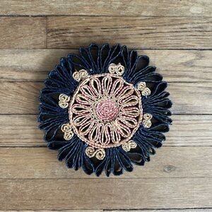 Handmade Woven Raffia Floral Trivet - Navy, Pink & Tan